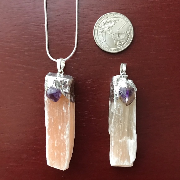 Genuine Peach Selenite with Amethyst Necklace - Picture 2 of 4